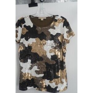 MICHAEL Michael Kors Camou Sequin Tee Gold BLK White Sparkle Glitzy Chic Top SzM